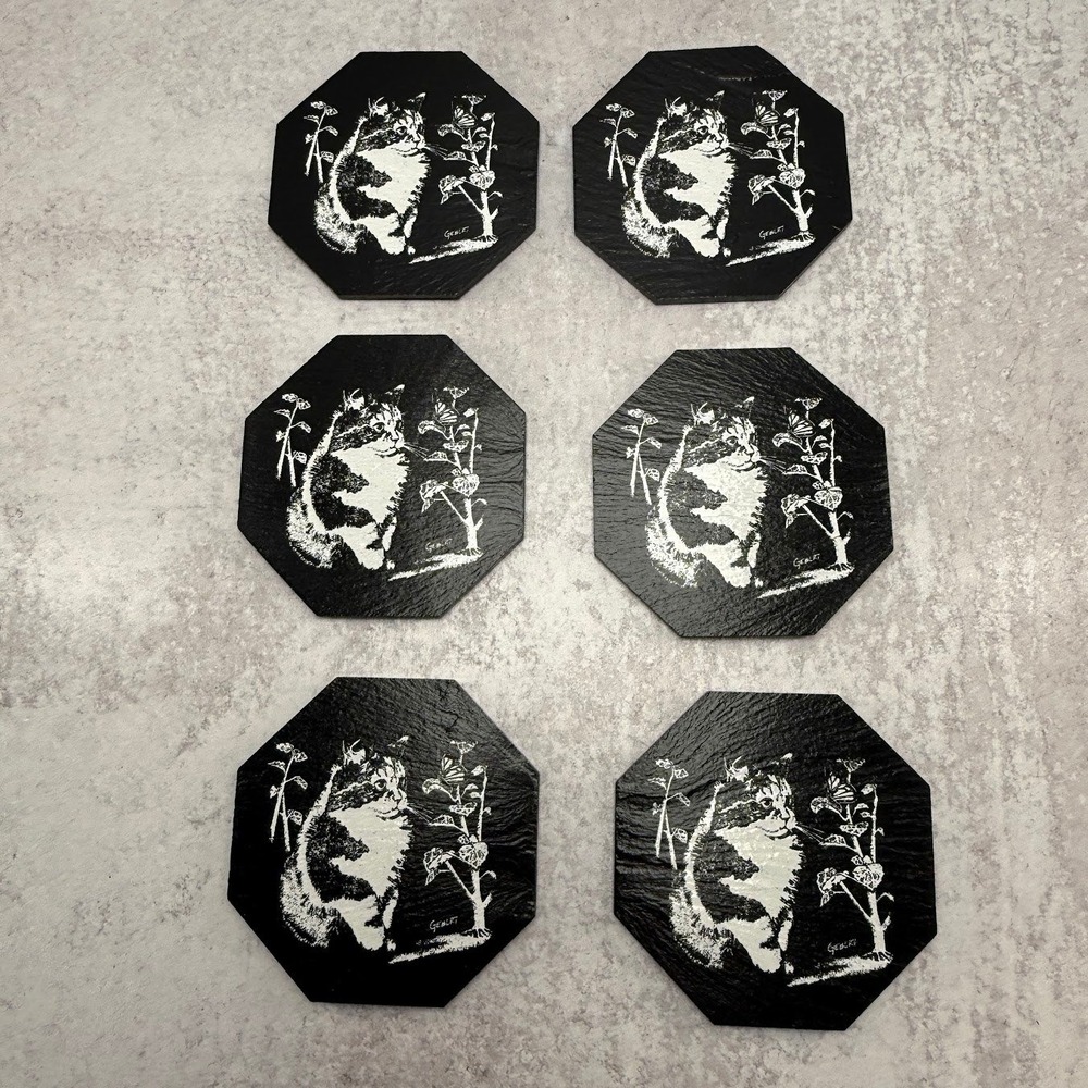 Genuine Slate Coasters Cat Floral‎ Cappozzolo Brothers Slate Company Set Of 6